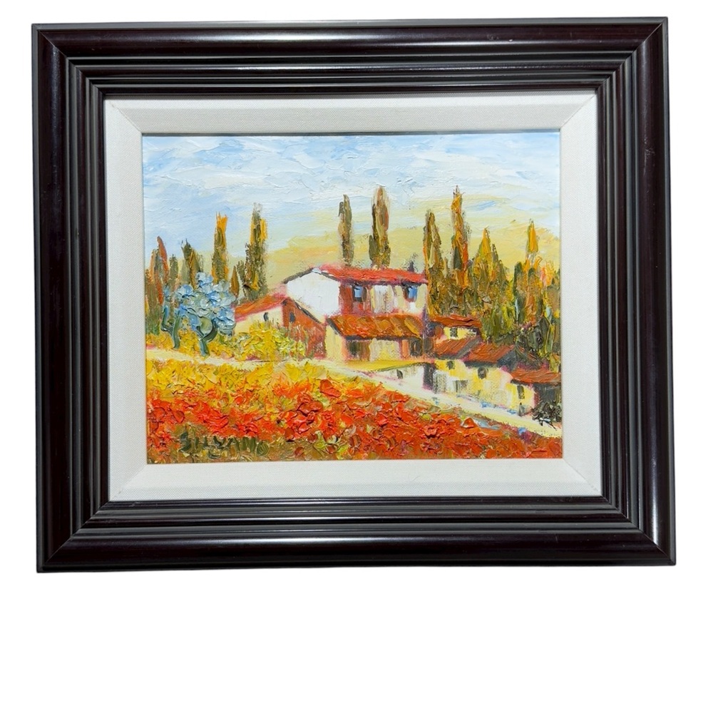Oil Painting Tuscan Landscape Signed Sivano 14”x 12” Poppy Floral Classic